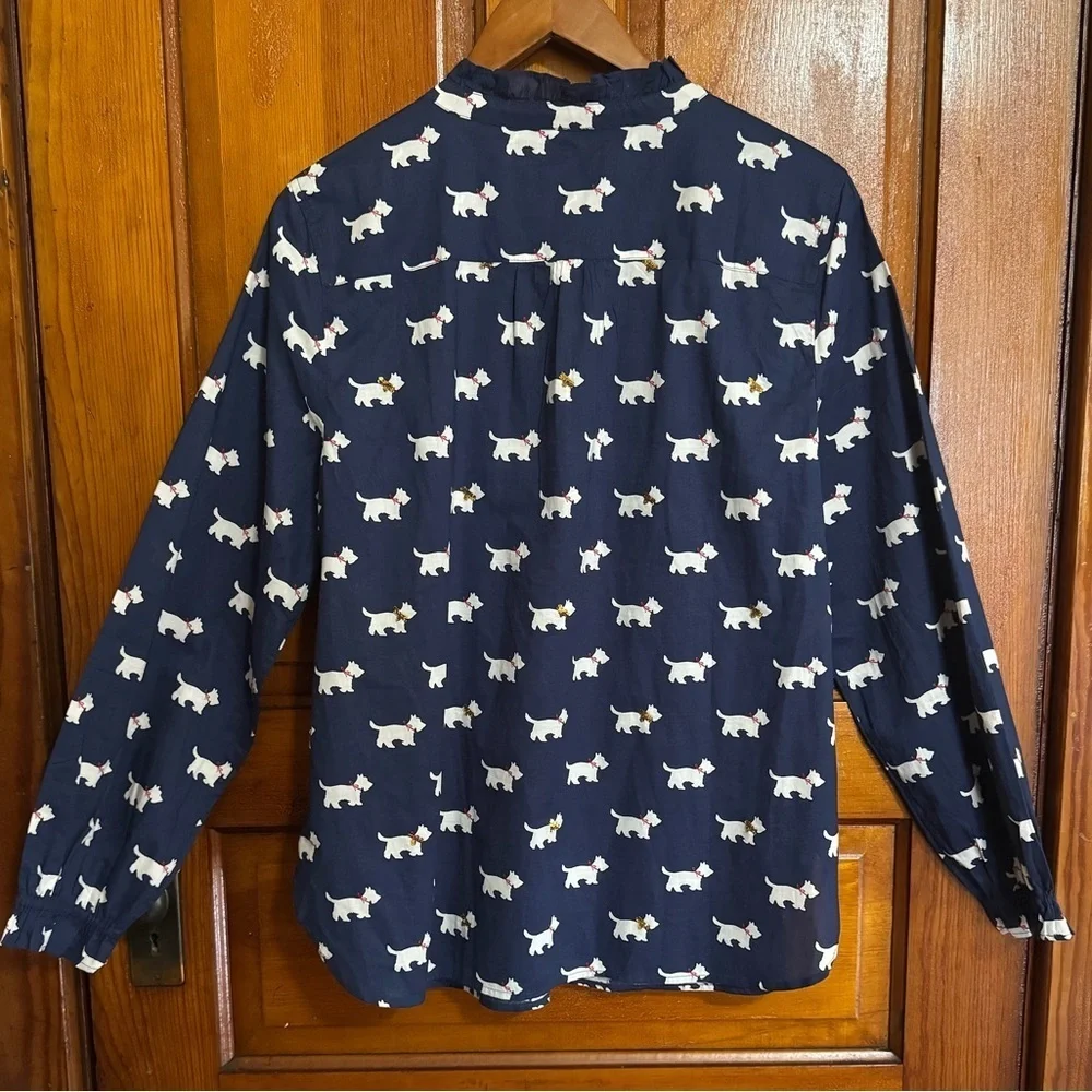 Talbots Scotty Dog Novelty Print Navy Peasant Top Size Large Sequin Detail - Picture 3 of 11